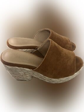 Corkys Tan Suede Slide Wedge Mules